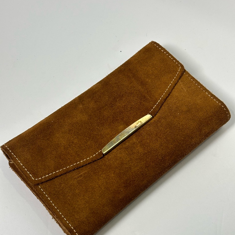 VTG SUEDE Leather Checkbook Wallet Clutch Fawn Burnt Orange EUC